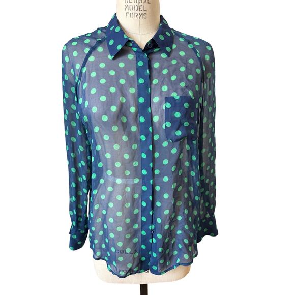Equipment Femme Silk Navy & Green Polka Dot Button Down Sheer Shirt Size Small - Picture 1 of 5